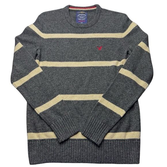 American Eagle Sweater Small Gray Wool Blend Striped Men Athletic Fit - Picture 1 of 8